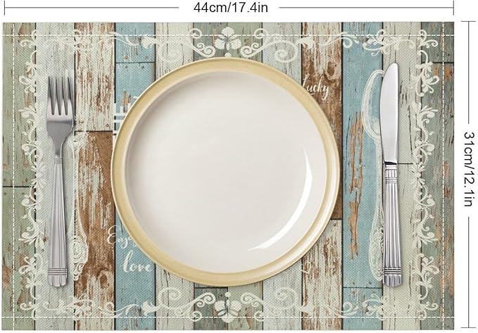 Vintage Farmhouse Placemat Set, Green Blue Rustic Wooden Plank Art Sketch Cutlery Knife Fork Inspirational Quotes Pattern Home Decor Linen Table Mats for Dining Room Kitchen Party (17x12in) x6P