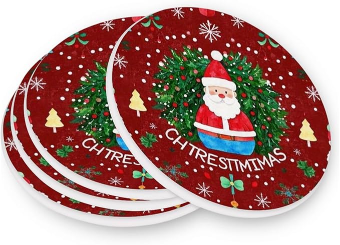 Coasters for Drinks Coaster Drink Set Decorative Coffee Table Desk Cup Mat Spring Cute Cork Bar Backing Round Home Decor Santa Claus Wreath Christmas Tree Snowflakes Colorful42