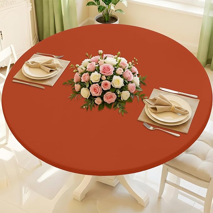 Round Spandex Tablecloth, Elastic Fitted Waterproof Tablecloths for 31"-35" Tables, Stretch Washable Picnic Table Cover for Camping, Dining, Indoor and Outdoor, Rust