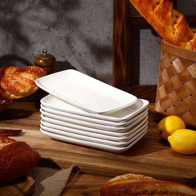 Irenare 16 Pcs 8 Inch Rectangular Salad Plates White Rectangular Porcelain Dessert Plates Appetizer Serving Tray Porcelain Platters for Fruit Sushi Dinner Parties, Microwave, Oven Safe
