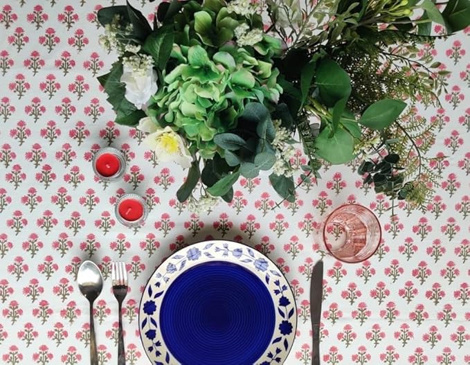 ATOSII Gulbahar White Pink 100% Cotton Fall Rectangle Tablecloth, Handblock Print Floral Table Cloth for Kitchen Dining Linen I Thanksgiving Christmas Weddings Outdoors I 72 X 120 Inches I 10 Seater