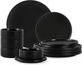 12 Piece Ceramic Dinnerware Set for 4, Modern Minimalist Stoneware Dinner Plates and Bowls, Microwave Safe, Dishwasher Safe, Versatile for All Seasons, Matte Black