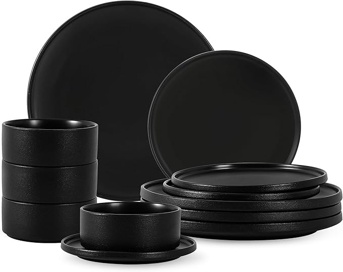 12 Piece Ceramic Dinnerware Set for 4, Modern Minimalist Stoneware Dinner Plates and Bowls, Microwave Safe, Dishwasher Safe, Versatile for All Seasons, Matte Black