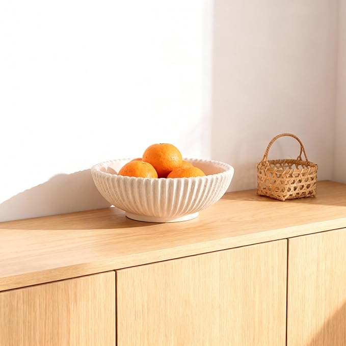 DOVDOV Beige ruffled-edge decorative bowl, large modern fruit bowl, home decor bowl for kitchen counter, coffee table, or entryway table, minimalist key holder and centerpiece fruit bowl.