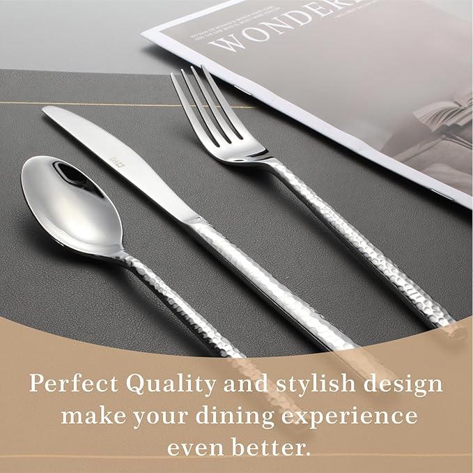 45-Piece Forged Hammered Stainless Steel Flatware Cutlery Set for 8, SXY INOX Includes 8 sets and 1 Butter Knife,1 Serving Tablespoon,1 Cold Meat Fork,1 Pierced Tablespoon,1 Suger Spoon