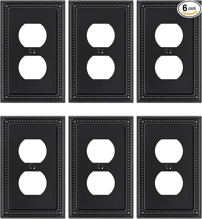 6-Pack Duplex Outlet Cover, Black Metal Wall Plates for Electrical Outlets, 1 Gang Receptacle Light Switch Cover, Pearls Beaded Decorative Switch Plates and Outlet Covers