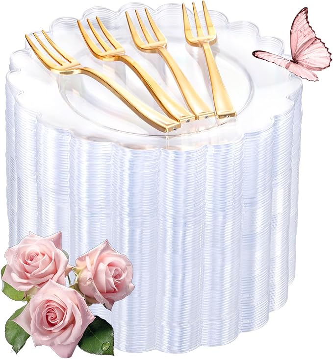 LIYH 200 Pcs Clear Plastic Plates and Gold Forks Disposable Dessert Plates 7.5" Clear Cake Plate,Baby Shower Plate Set for Weddings Birthday Bridal Showers Afternoon Tea
