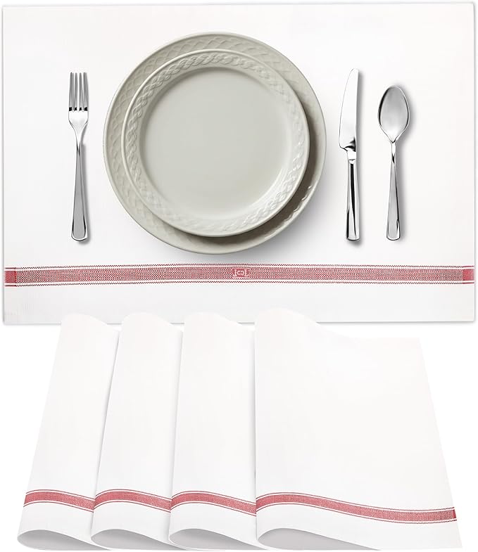 Premium Cloth Striped Placemats Set of 4 – 100% Soft Durable Jacquard Woven Cotton Table Placemats with Stain-Release Fabric – Machine Washable for Dining Table – Cherry Red, 20"x14"