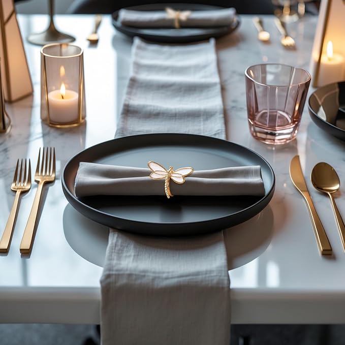 Decozen Set of 12 White Gold Napkin Rings in Dragonfly Design Festive Table Decor Setting for Holiday Wedding, Birthday, Kitchen, Home Decor Housewarming Gift - Mothers Day Decorations