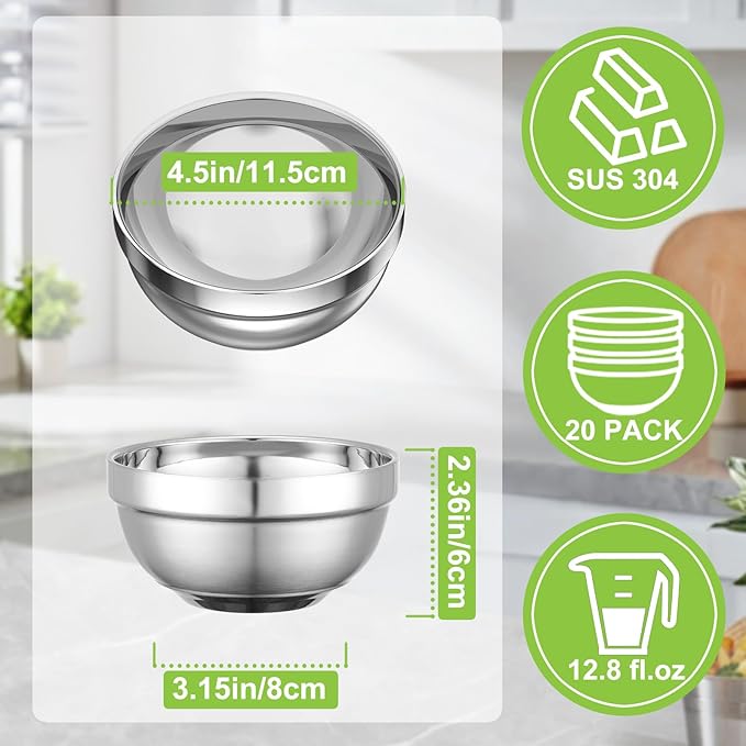 Stainless Steel Bowls Bulk, 20 Pack 4.5in 12.8oz 380ml Mini Small SUS304 Double Wall Insulated Stackable Metal Eating Bowl Containers for Restaurant Serving Snacks Ice Cream Soup Cereal Rice