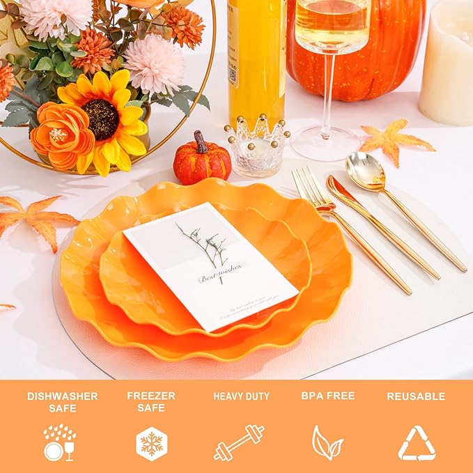 LIYH 50 Pcs Orange Scalloped Plastic Plates Heavy Duty Plates Reusable Unbreakable Plastic Plate for Party,Dishwasher Safe BPA Free (25Guests)