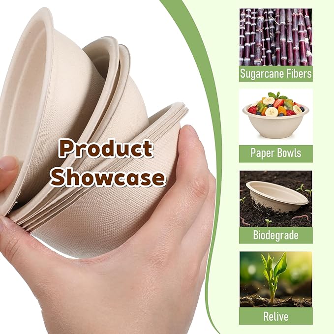 200 Pcs 8 Oz Compostable Disposable Paper Bowls, Natural Sugarcane Bowls Eco-Friendly Soup Bowl for Ice Cream Desserts Salads Pet Food