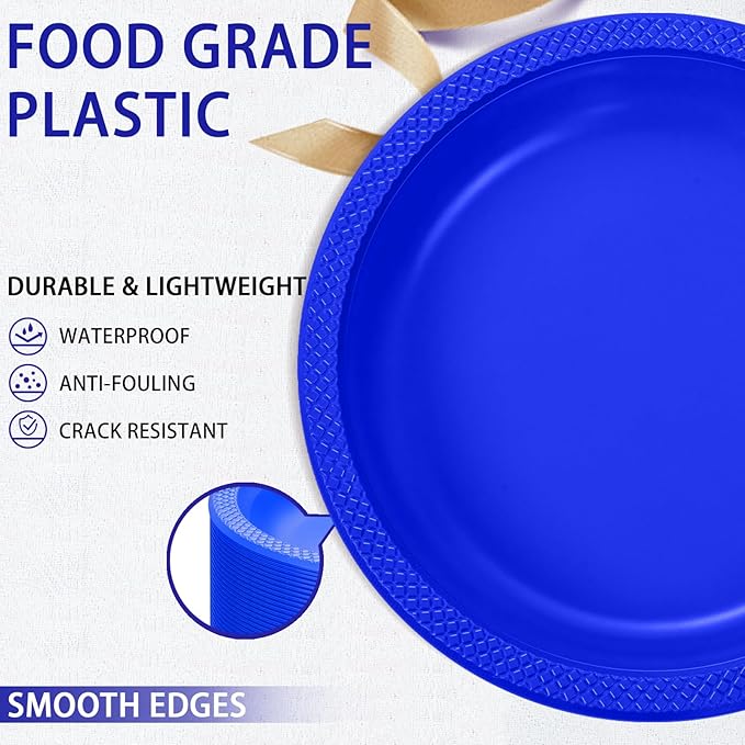 WELLIFE Royal Blue Party Plates 10 Inch -150 Count, Disposable Plastic Dark Blue Dinner Plates for New Year Party Dessert Cake Appetizer