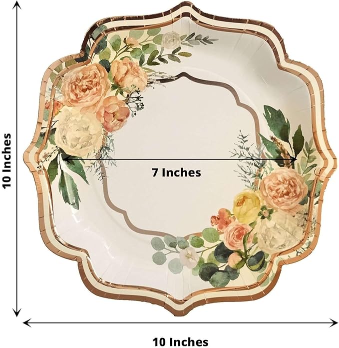 50 Pack 10" White/Rose Gold Floral Print Scallop Rim Dinner Plates, Disposable Round Paper Party Plates 300 GSM for Festive Table Decoration