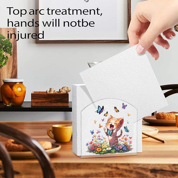 Napkin Holder with Designer Patterns, 2 Pack Upright Clear Acrylic Napkin Holder for Table, Modern Guest Cocktail Paper Napkins Dispenser 5"x5" for Dining Room, Kitchen, Bar (Cat)