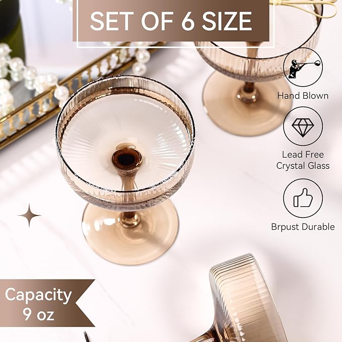 Smokey Sand coupe glasses Gray Vintage Art Deco Coupe Glasses Set of 6 Ribbed martini Cocktail Glasses Set