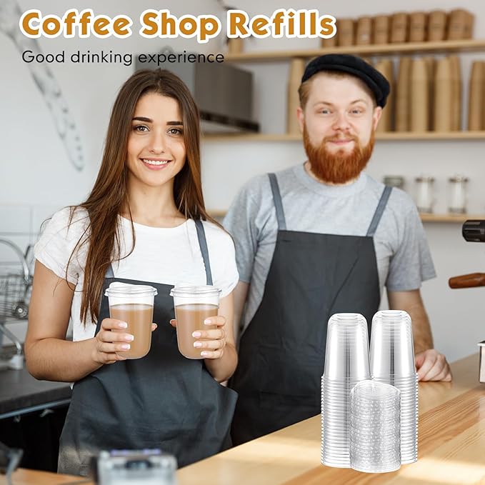 25 Sets 16 oz Clear Plastic Cups with Strawless Sip Lids, Thickened Clear Disposable Plastic PET Crystal Cups for Iced Coffee, Smoothie, Cold Beverage, Drink Shops and Party Catering