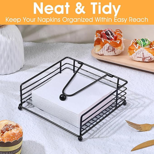 3 Pcs Napkin Holders for Paper Napkins, Black Flat Napkins Holders, Metal Napkin Dispenser for Kitchen Tables, Farmhouse, Dinner, Outdoor - 7.1" L x 7.1" W x 2.7"H