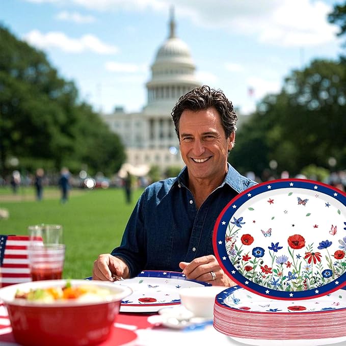 Grencian 50 Pcs 4th of July Flower Oval Paper Plates 10" × 12" Heavy Duty American Flag Plates Disposable Patriotic Platters for Independence Day Memorial Day Veterans Day Party Supplies Decor