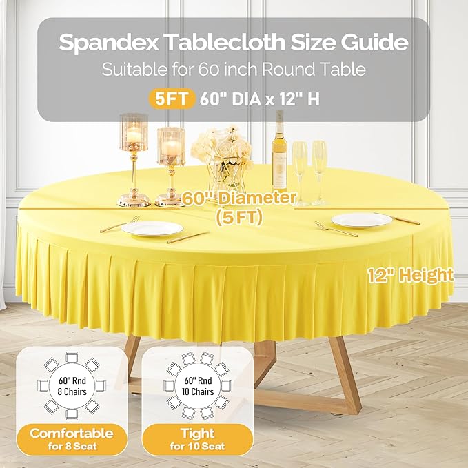 4 Pack Yellow Spandex Round Tablecloths for 60 inch Table, Stretchy Fitted 5FT Round Table Cloths with Skirt for Wedding Party Dining Banquet