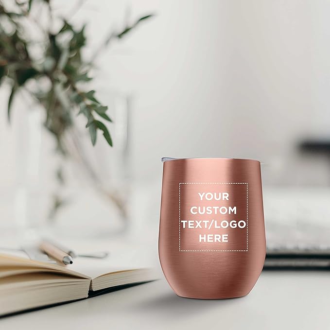 Custom Stemless Wine Glass Tumblers with Lids by Largo 11 oz. Set of 6, Personalized Bulk Pack - Perfect for Wine, Cocktails, Other Hot & Cold Beverages - Rose Gold