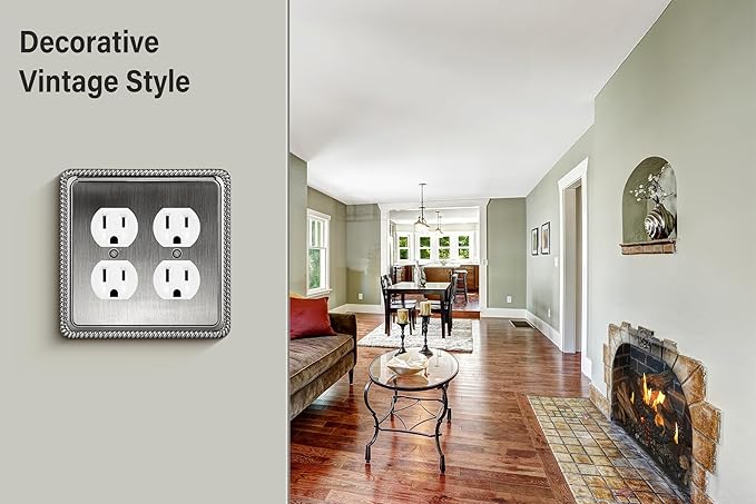 Henne Bery Rope Edge Decorative Wall Plate Switch Plate Outlet Cover (Double Duplex, Heirloom Silver)