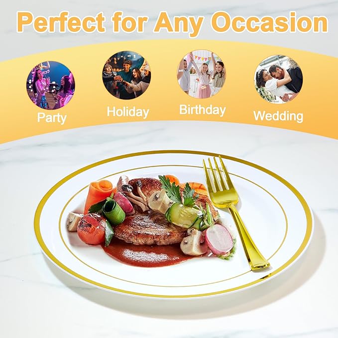 100 PCS Gold Plastic Plates, White and Gold Plastic Plates Include 50 Dinner Plate and 50 Dessert Plate Perfect for Holiday, Party & Wedding