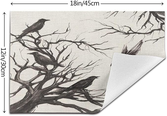 Halloween Placemats 12x18 Inches Set of 4,Black Crows Decorative Rectangle Autumn Halloween Decoration Fall Linen Black Table Mats for Party,Home Kitchen,Dining Table Decorn
