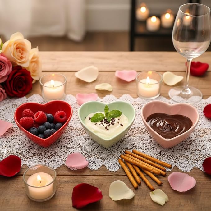 BIA Valentine Heart Dishes, Set of 3 – 6 oz Stoneware Bowls, Heart-Shaped Serving Pieces for Snacks, Dips, Spices, Candy & Dessert Displays – Microwave, Oven & Dishwasher Safe