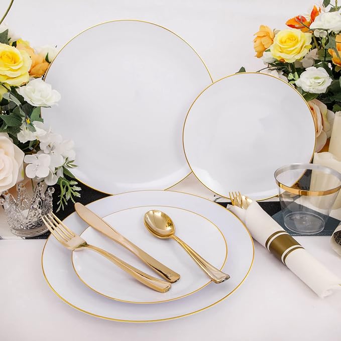 Rubtlamp 140Pcs Gold Plastic Plates, White Plates with Gold Rim, Disposable Dinnerware Include 20Dinner Platos,20Dessert Platos,20Pre Rolled Napkins with Cutlery,20 Cups