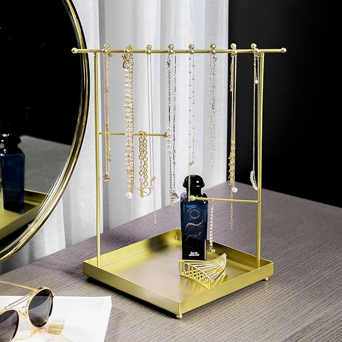 MyGift Matte Metal T Bar Jewelry Stand Organizer with Ring Tray, 3 Bracelet and Necklace Bars and 2 Earring Storage Hanger Bars for 18 pairs of Earrings (Brass)