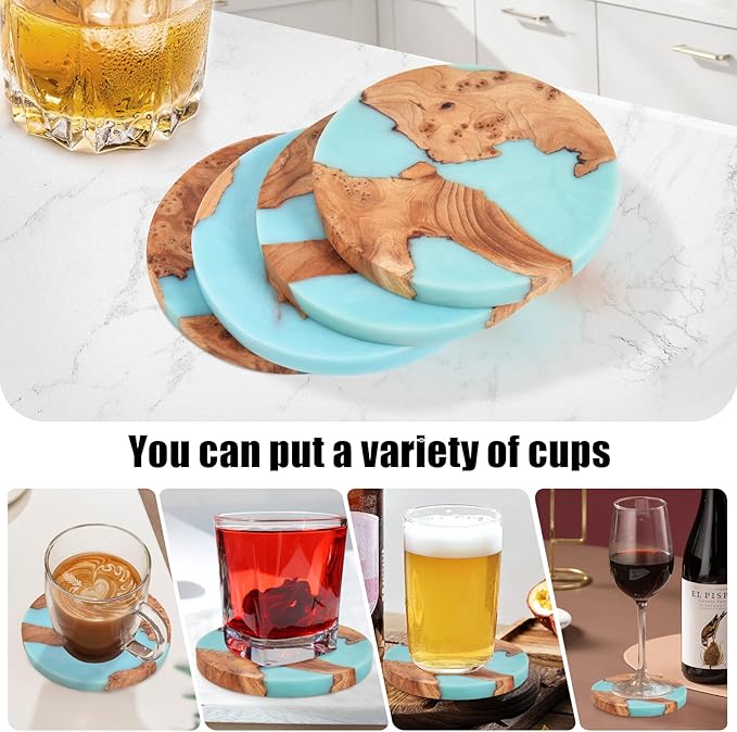 Resin Wood Coaster Set of 8 - Handmade Epoxy Coasters with Holder, Mountain Sea Design for Coffee Table Protection & Home Decor