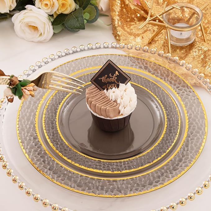 Nervure 150PCS Clear Black Plastic Plates - Gold Party Plates - Black and Gold Dinnerware Set Include: 50 Plate, 25Cups, 25Forks, 25Knives, 25Spoons for New Year & Party & Halloween