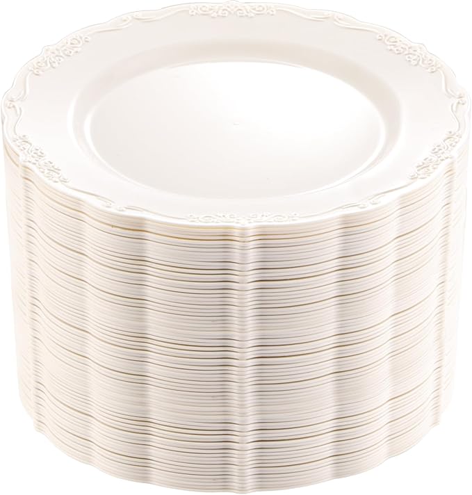 DaYammi 60PCS Ivory Plastic Plates, Fancy Plastic Plates Disposable Heavy Duty Disposable Plates Premium 10inch Ivory Dinner Platos Hard Plastic Platos Disposable for Party Wedding Bridal Shower