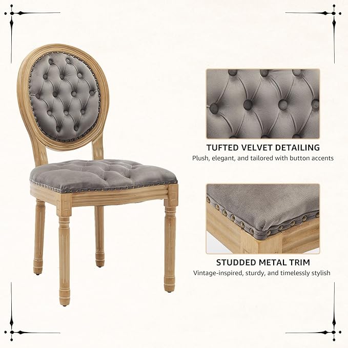 Vintage French Dining Chairs Set of 8, Round Back Velvet Upholstered Accent Chairs with Nailhead Trim and Solid Wood Frame, Elegant Sillas de Comedor for Dining Room & Kitchen, Gray