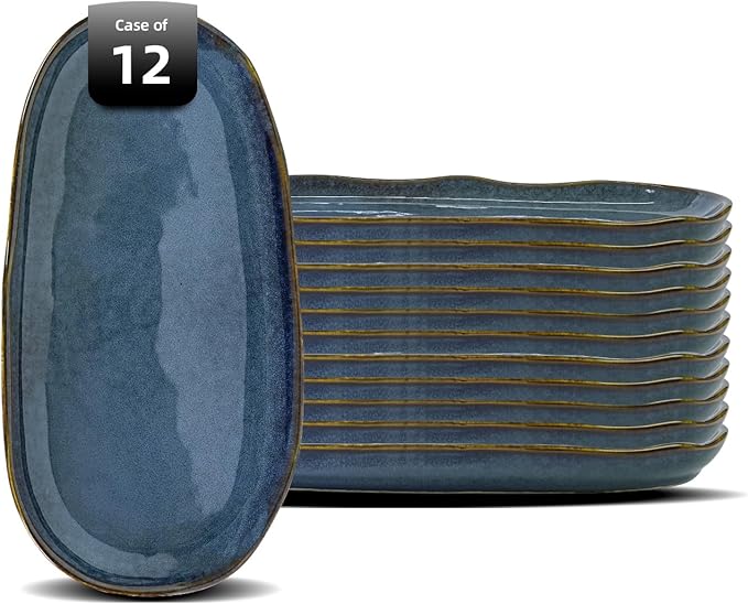 Organic Shape Highland Ceramic Serving Tray, 12pcs 13×7inch Handmade Reactive Glaze Stoneware Tray with Wavy Edge, for Kitchen, Microwave & Dishwasher Safe, Scratch Resistant-Blue