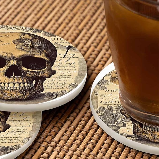 Vintage Head Skull Cup Coasters for Table Retro Floral Background Death Smile Antique Reusable Drink Coasters Set 2 Pcs Coffee Home Farmhouse Living Room Bar Decor