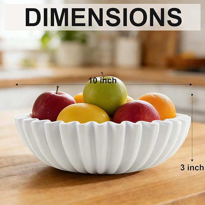 Large Modern Decorative Bowl, Fruit Bowl for counter, Modern Home Decor, Ruffle Bowl for Kitchen Counter Coffee Table, Key Bowl for Entryway Table, 10", White
