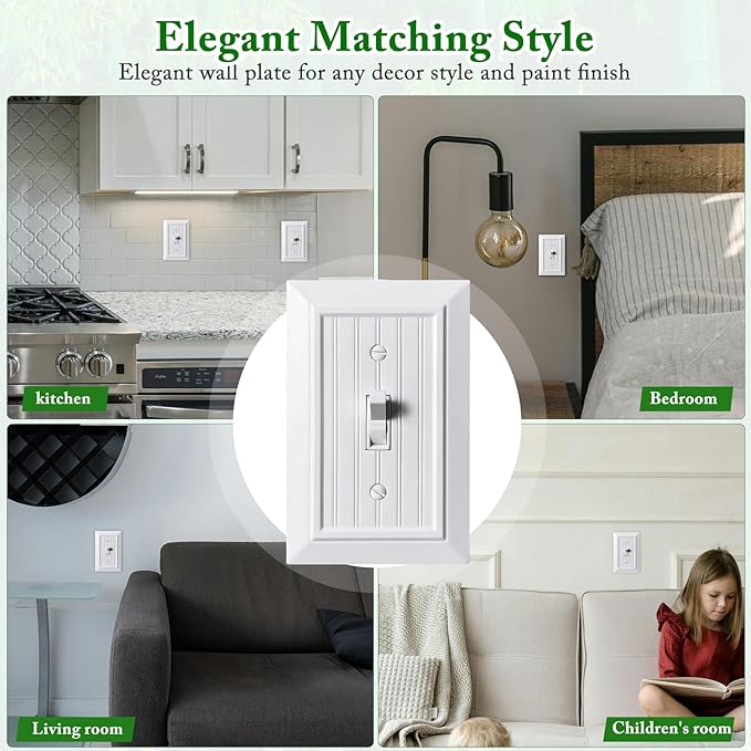 Beadboard Outlet Covers Wall Plates, Bamboo Fiber Light Switch Covers, Natural Material Electric Receptacle Decorative Switch Plate Outlet Cover (Pure White, 1 Gang Toggle 4 Pack)