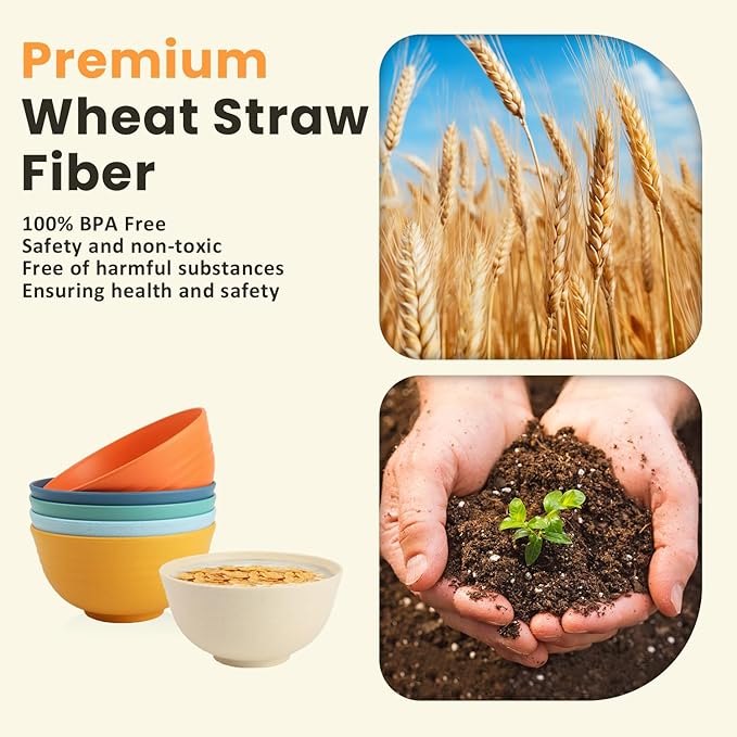 Homienly Wheat Starw Cereal Bowls, Unbreakable Bowl Set 6 PCS, Microwave and Dishwasher Safe Bowls, Alternative to Plastic Bowl Reusable, Bowl Set for Kitchen, Picnic, Camping, Party (26 OZ, Colorful)