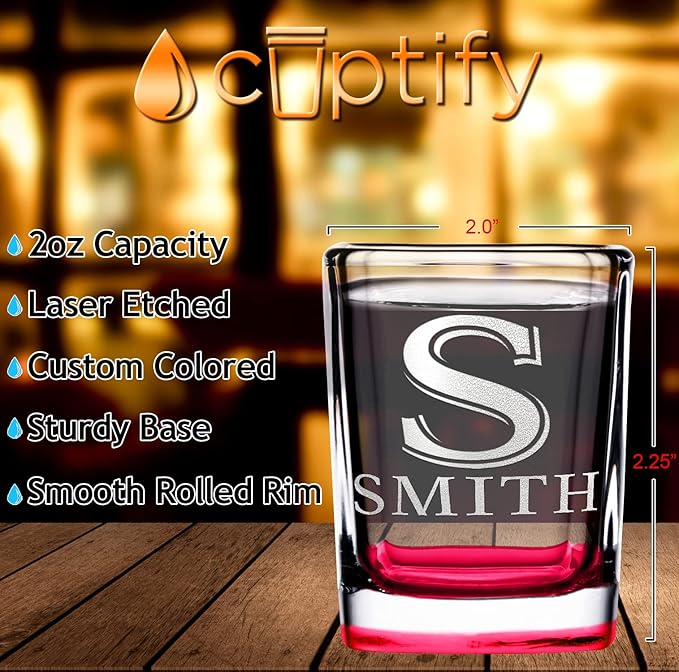 Personalized Square Shot Glasses Red Bottom 2oz Engraved Initial and Name Custom Gifts, Weddings, Birthdays, Party, Event, Decorations