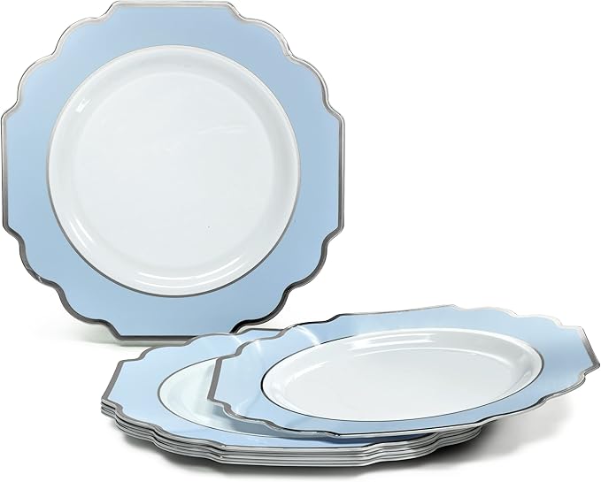 " OCCASIONS " 120 Plates Pack,(60 Guests) Heavyweight Premium Wedding Party Disposable Plastic Plates Set -60 x 10.5'' Dinner + 60 x 8'' Salad/Dessert (Imperial in White/Blue & Silver)