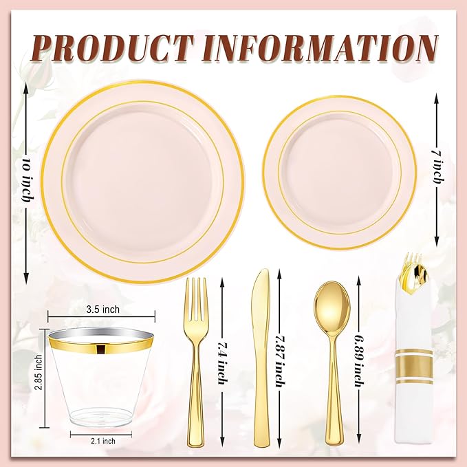 175PCS Pink plastic Plates - Pink Disposable Plates 25Guests Disposable Dinnerware Sets with Rolled Napkins for Wedding/Birthday/Easter/Baby Shower