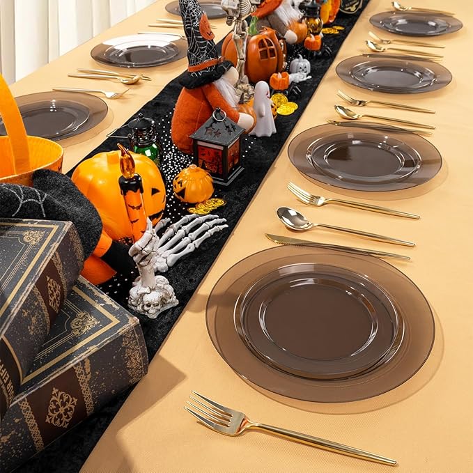 I00000 200 Pcs Clear Black Plastic Plates, Black Disposable Party Halloween Plates Include 100 Dinner Plate 10’’ and 100 Dessert Plate 7’’ Perfect for Wedding, Party & Halloween