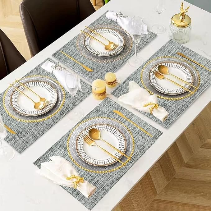 DACHUI Placemats Set of 8, Linen Look Woven Place Mats, Water Resistant, Heat Resistant, Washable, Durable Table Mats (Light Grey)