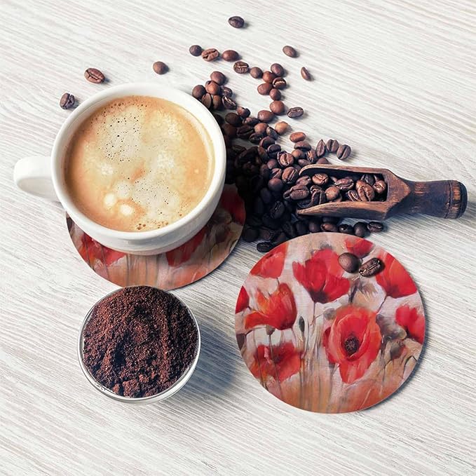 Poppy Flowers Cup Coasters Set of 2 Watercolor Oil Painting Style Beautiful Blossom Wooden Table Apartment Decor 100% Diatomite for Drinking Glasses,4 Inches
