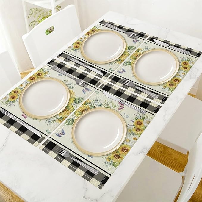 Vintage Sunflower Theme Placemat Set, Rustic Farmhouse Vivid Lavender Floral Butterflly Black White Check Pattern Home Decor Linen Table Mats for Dining Room Kitchen Party (17x12in) x6P