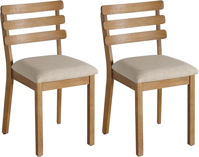 Vintage Farmhouse Dining Chairs with Ladder Back, French Country Dining Chairs Wood, Fabric Upholstered Dining Chair of 2