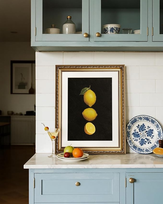InSimSea Gold Framed Wall Art, Lemon Kitchen Wall Shelf Decor, Dark Moody Still Life Canvas Print Art, Dining Room Farmhouse Decor, Antique Paintings with Picture Frame 13x16inch