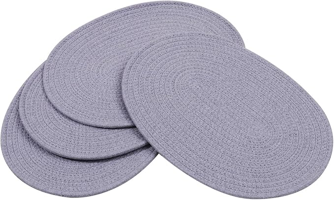 Braided Placemats Set of 6, Cotton Fabric Oval Table Mats Non Slip Washable 16 * 12 inch Oval Place Mats, 6 Pack Grey Woven Placemats